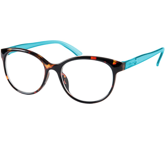 Lala (Blue) cat eye shaped, women's reading glasses with a two tone blue and tortoiseshell frame and details.