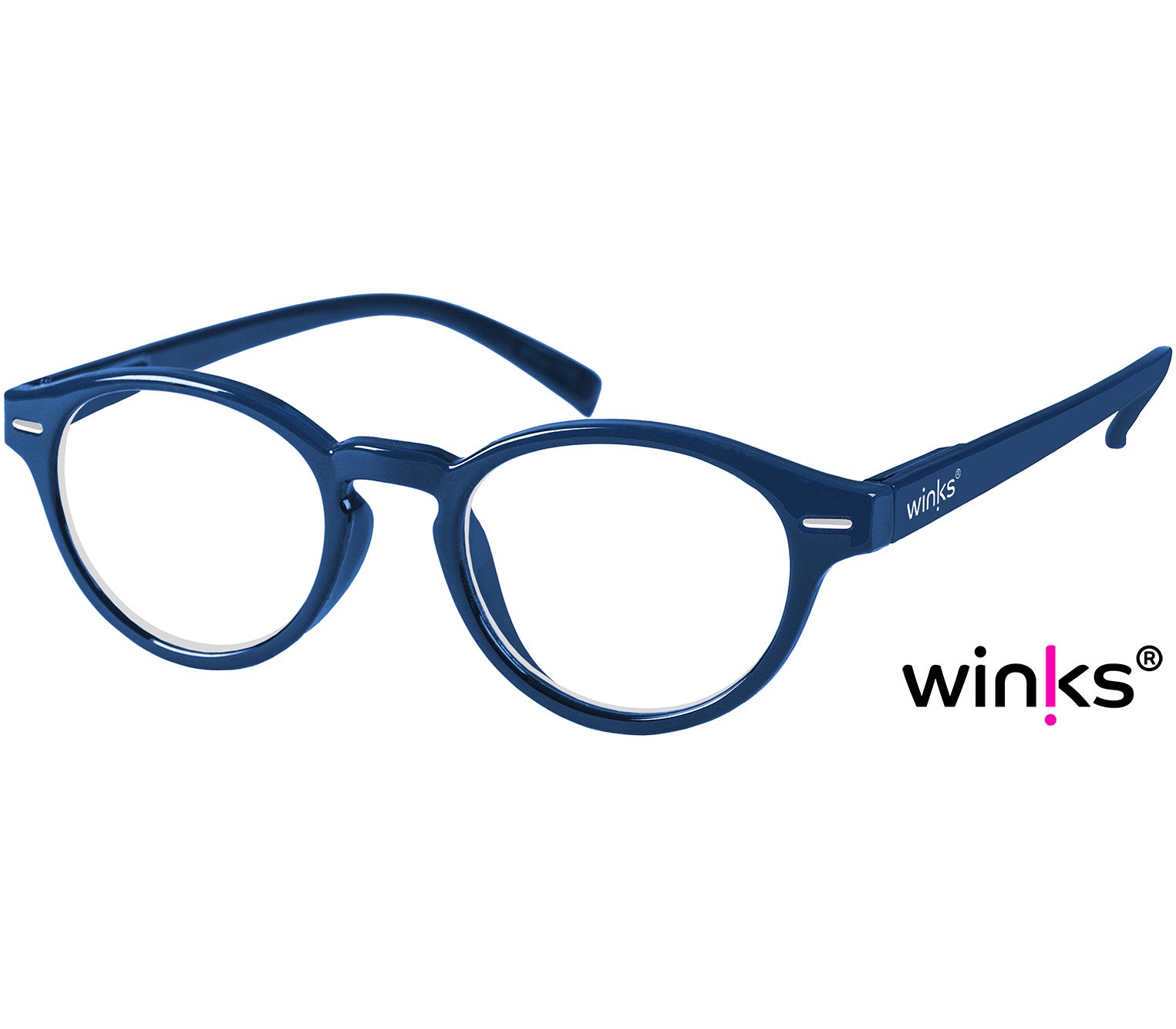 Espresso (Blue) unisex reading glasses with a dark blue frame and round, retro lenses.