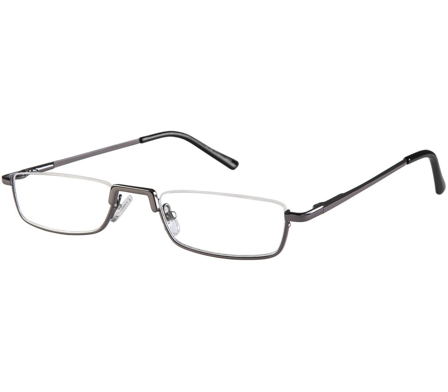 Mayfair (Gunmetal) semi rimless, slim unisex reading galsses with small rectangular lenses and a gunmetal finish.