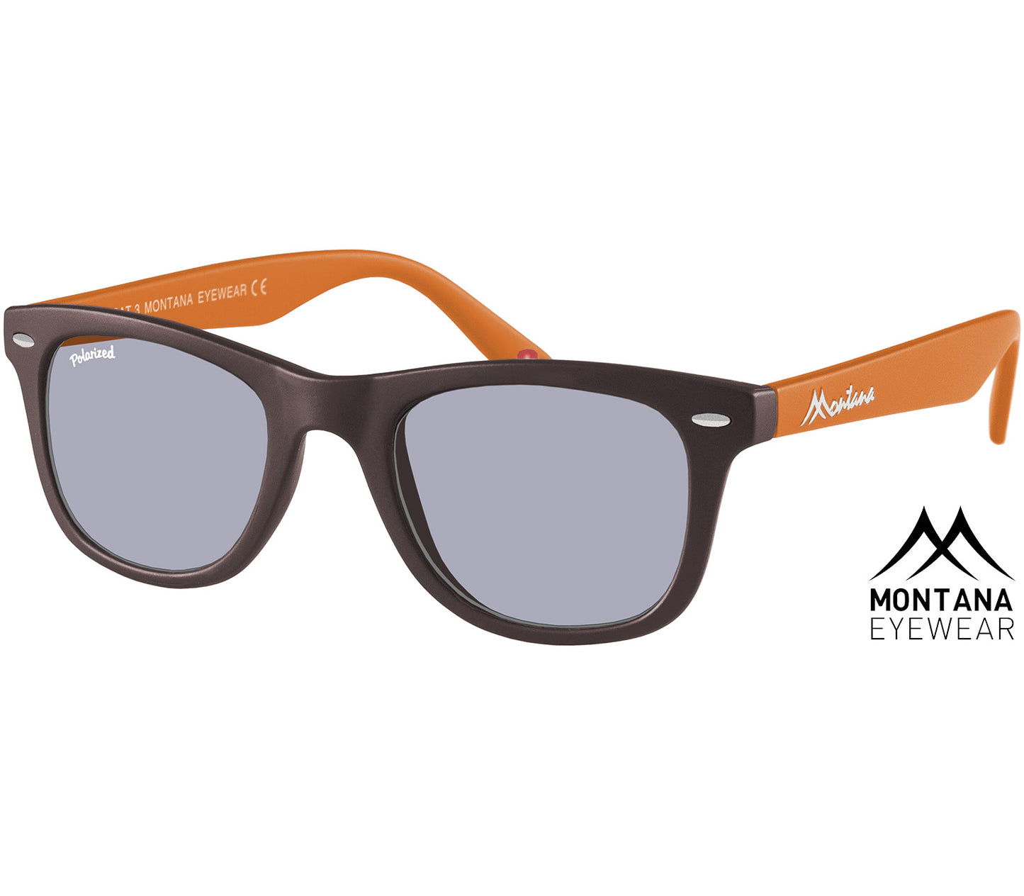 Valencia (Orange) classic wayfarer shaped sunglasses with a black and orange frame. Large oval, smoke grey lenses.