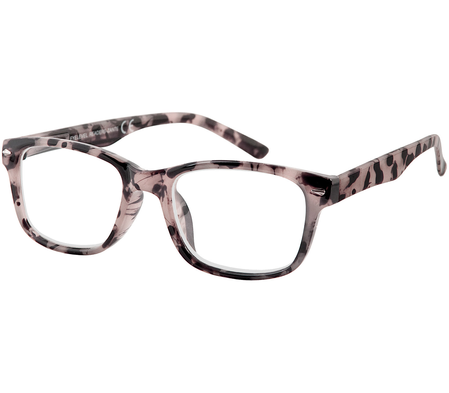 Zante (Tortoiseshell) classic shaped unisex reading glasses with a grey tortoiseshell pattern and rivet detailing.