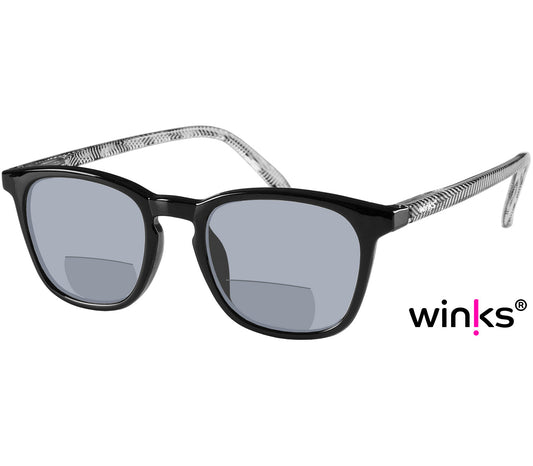 Capri (Black) bifocal reading sunglasses. Retro shaped frames with chevron patterned arms.