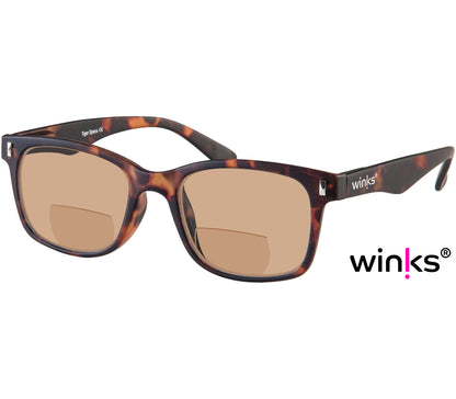 Orbit (Tortoiseshell) bifocal reading sunglasses with dark, soft touch tortoiseshell frame and brown tinted lenses.