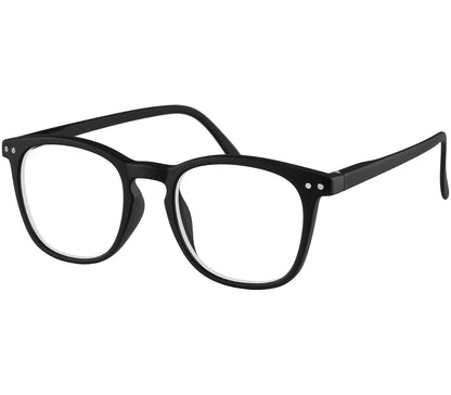 Scholar (Black) retro unisex reading glasses with large oval shaped lenses, slender black frames and rivet details.