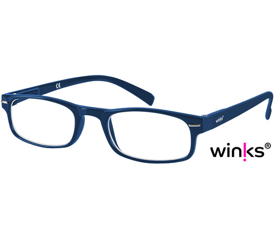 London (Blue) classic rectangular and slim unisex reading glasses in a deep blue glossy finish.