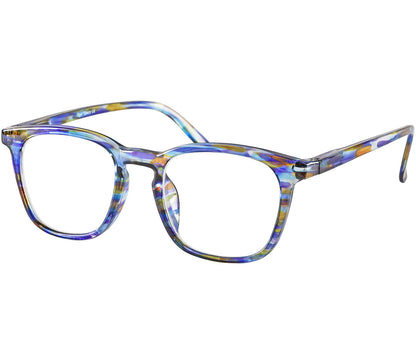 Scholar (Multi-coloured) retro unisex reading glasses with large oval shaped lenses, slender patterned multi-coloured frame.