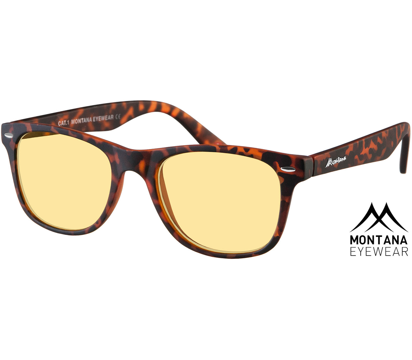 Grid (Tortoiseshell) classic wayfarer shaped night driving glasses. Wide arms and tortoiseshell pattern.