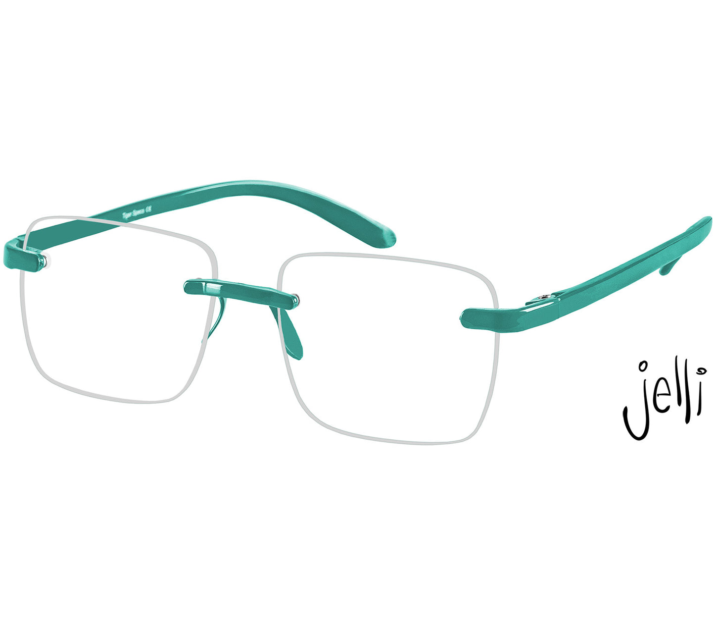 Jelli Max (Turquoise) square, rimless reading glasses with large lenses and turquoise details.