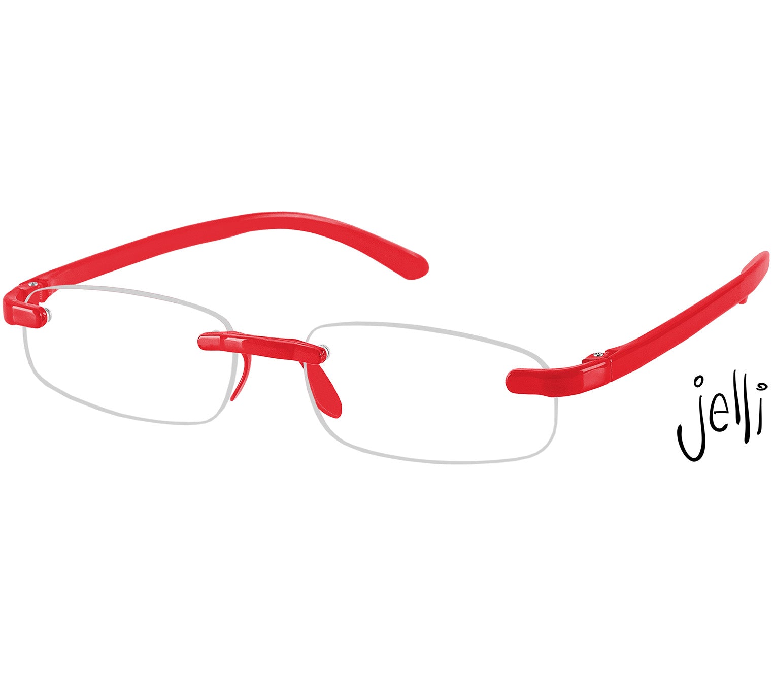 Jelli (Red) rimless, slim reading glasses with bold red arms and bridge.