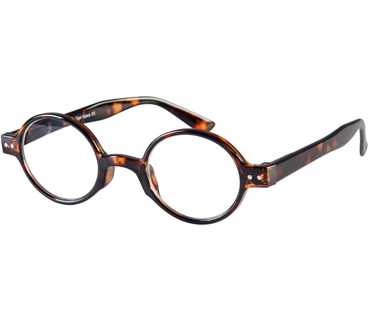 Woodstock (Tortoiseshell) super retro style reading glasses with round lenses in a deep tortoiseshell finish.
