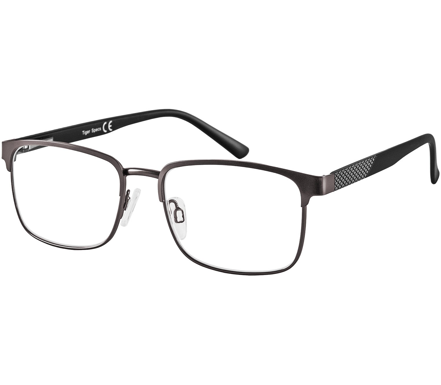 Seattle (Gunmetal) polished gunmetal reading glasses with large rectangular lenses and adjustable nose pads.