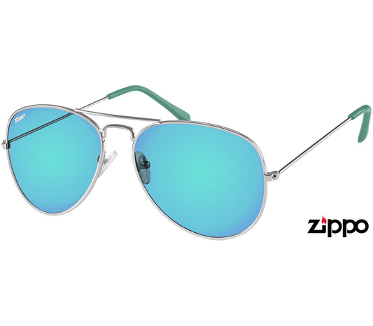 Pilot (Blue) classic aviator sunglasses by Zippo with turquoise mirror lenses and slender metal frames.