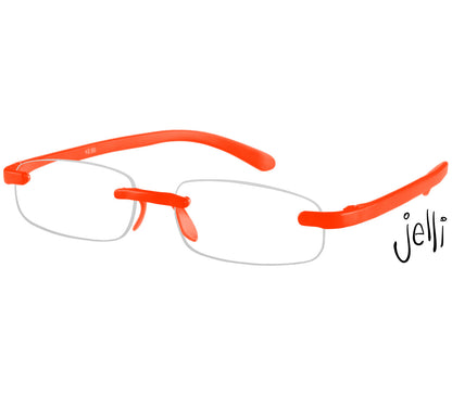 Jelli Neon (Orange) rimless, slim reading glasses with semi-translucent bright orange temples and bridge.