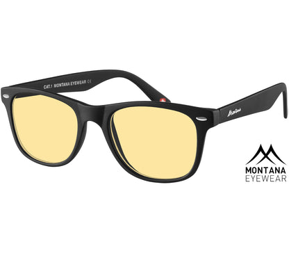 Grid (Black) classic wayfarer shaped night driving glasses with yellow tinted lenses.