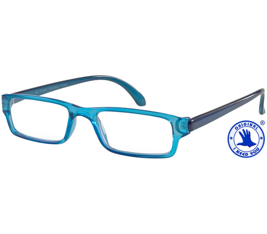 Action (Blue) unisex reading glasses. Classic shaped glasses with a blue translucent finish.
