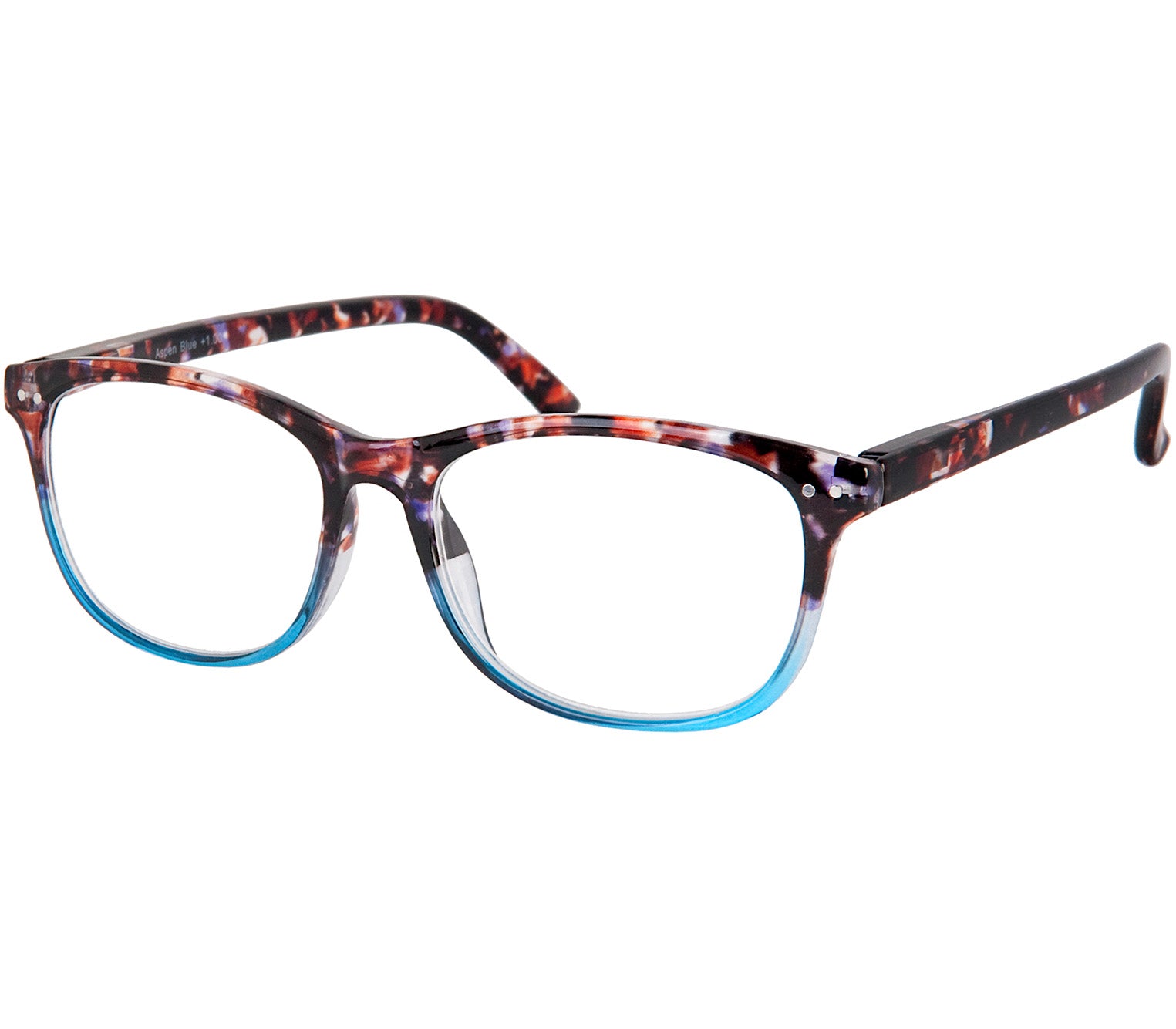 Aspen (Blue) women's retro style reading glasses. Multicoloured frames and a glossy finish. Large oval shaped lenses.
