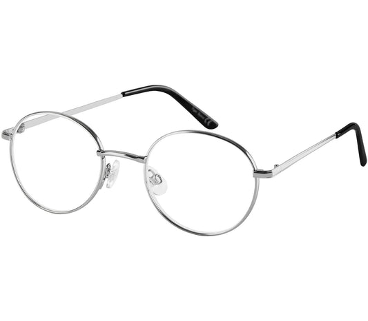 Wizard (Silver) round, metal framed reading glasses with adjustable nose pads.