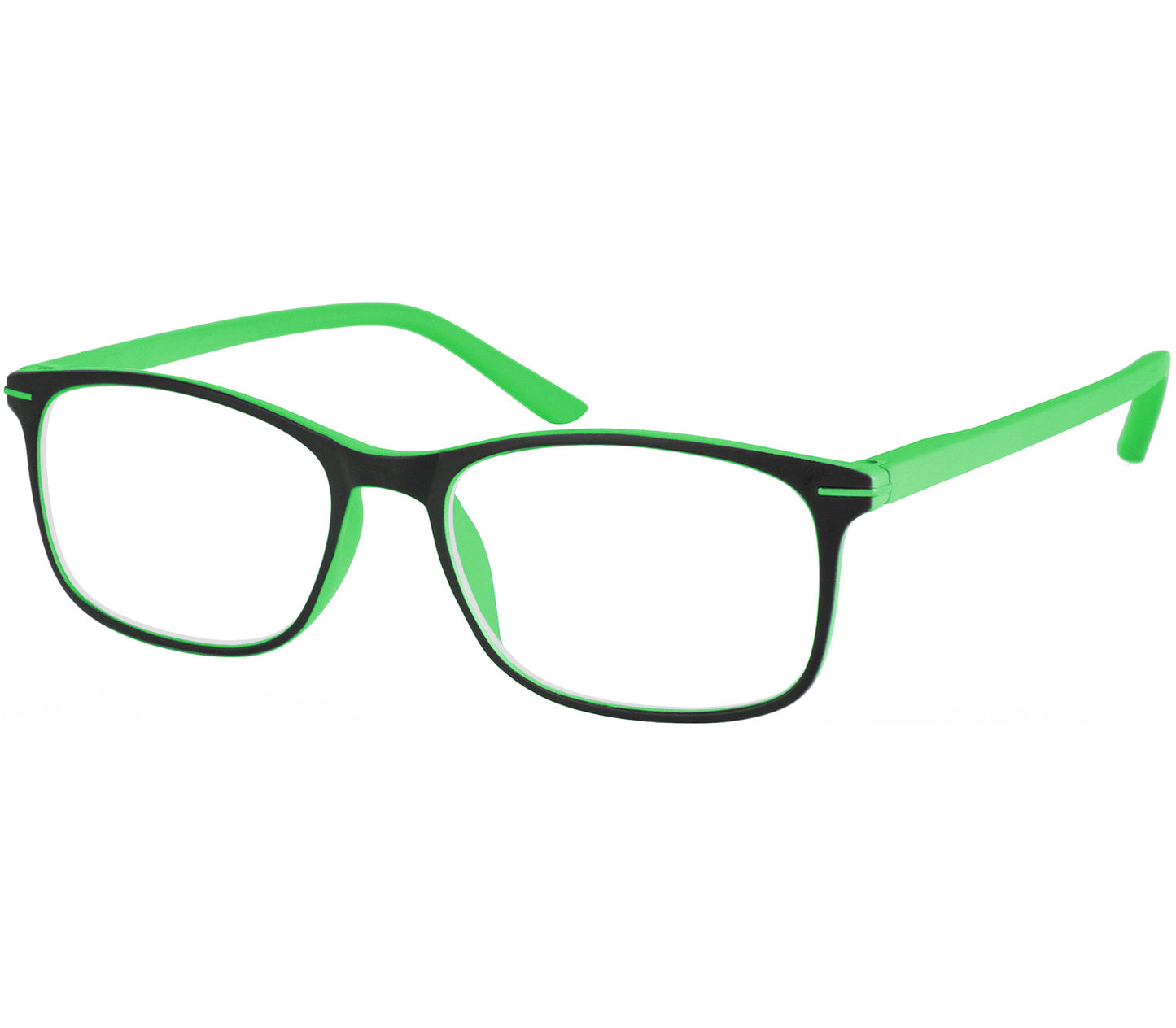 Jazz (Green) classic shape reading glasses with rectangular lenses in a two tone green and black frame.