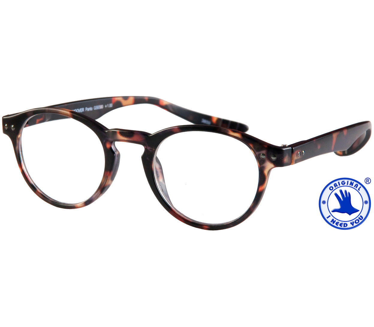 Jigsaw (Tortoiseshell) retro style reading glasses with round lenses and extra long arms for hanging around the neck when not being used.