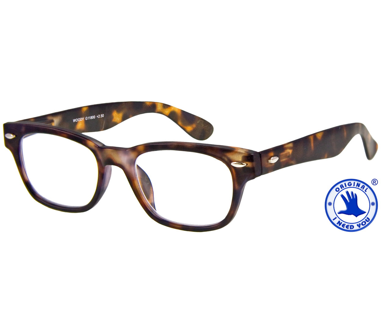 Woody (Tortoiseshell) retro wayfarer style reading glasses with a dark tortoiseshell frame and rivet details.
