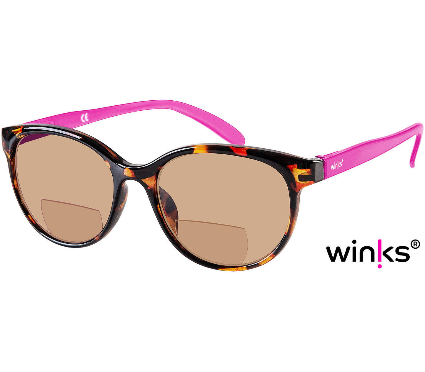 Sienna (Purple) cat eye shaped bifocal reading sunglasses with tortoiseshell frames and bright pink temples. Large oval lenses with a brown tint.
