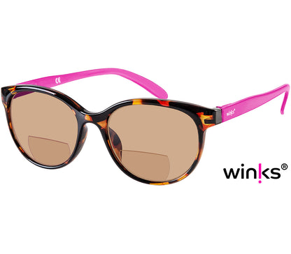Sienna (Purple) cat eye shaped bifocal reading sunglasses with tortoiseshell frames and bright pink temples. Large oval lenses with a brown tint.