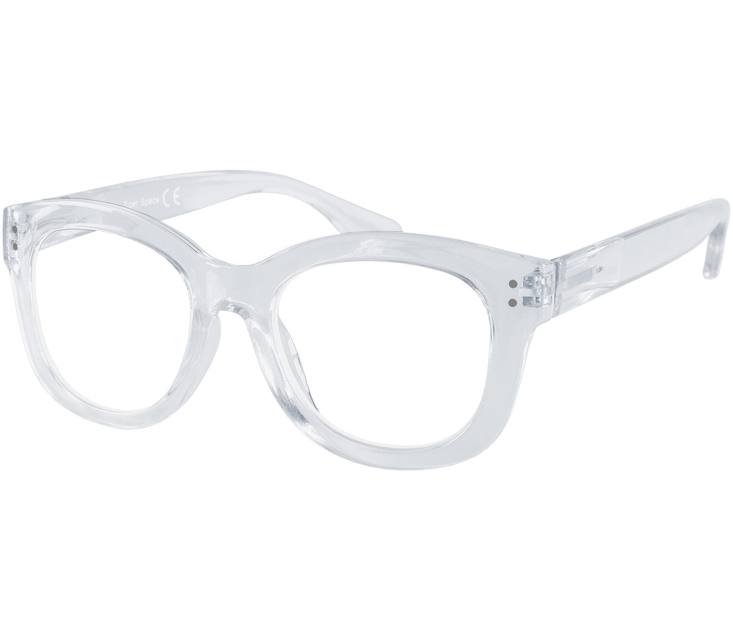 Paris (Clear) oversized, cat eye shaped women's reading glasses with a translucent frame and rivet details.
