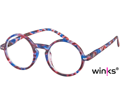Elliott (Blue Tortoise) round, retro style unisex reading glasses with large lenses and a soft touch finish.
