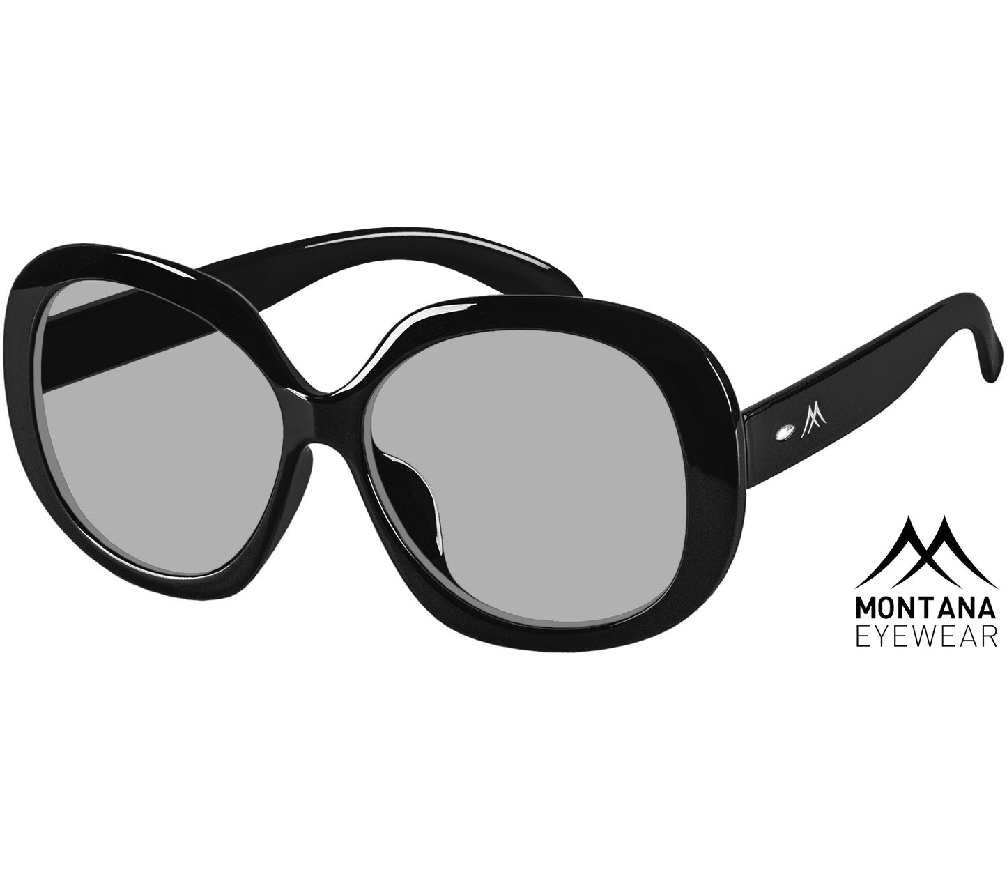 Bella (Black) oversized retro sunglasses with large round grey tinted lenses. Rivet details and a glossy black frame.