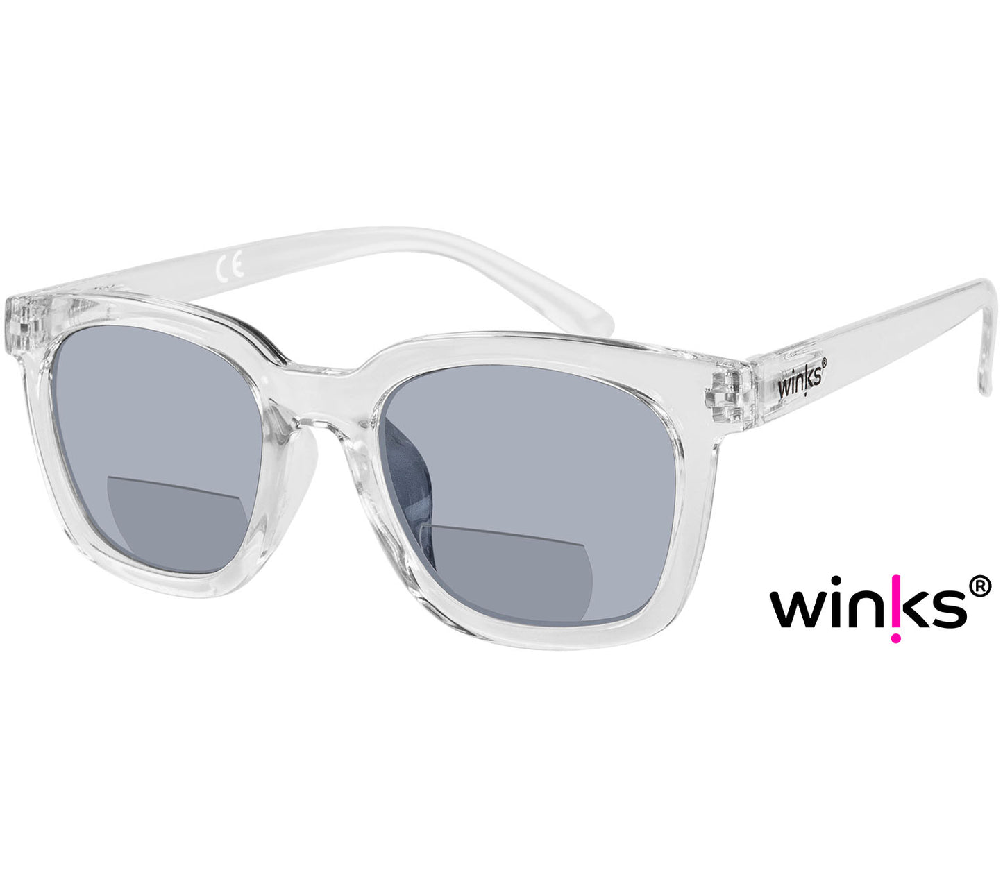 Pisa (Clear) large, oversized retro style, bifocal reading sunglasses. Clear frame and tinted smoke grey lenses.