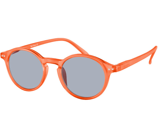 Palma (Grey Tortoise) round lens retro reading sunglasses with a slender frame and soft grey tortoiseshell pattern.