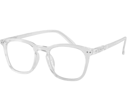 Scholar (Clear) retro unisex reading glasses with large oval shaped lenses, a slender clear frame and rivet details.