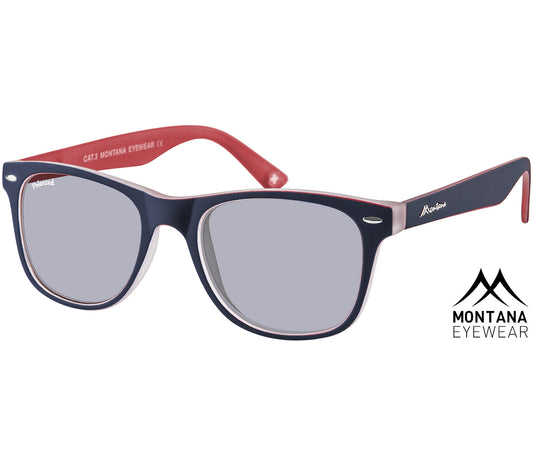Oasis (Red) classic two tone, red and navy blue wayfarer sunglasses with large, smoke grey tinted lenses.