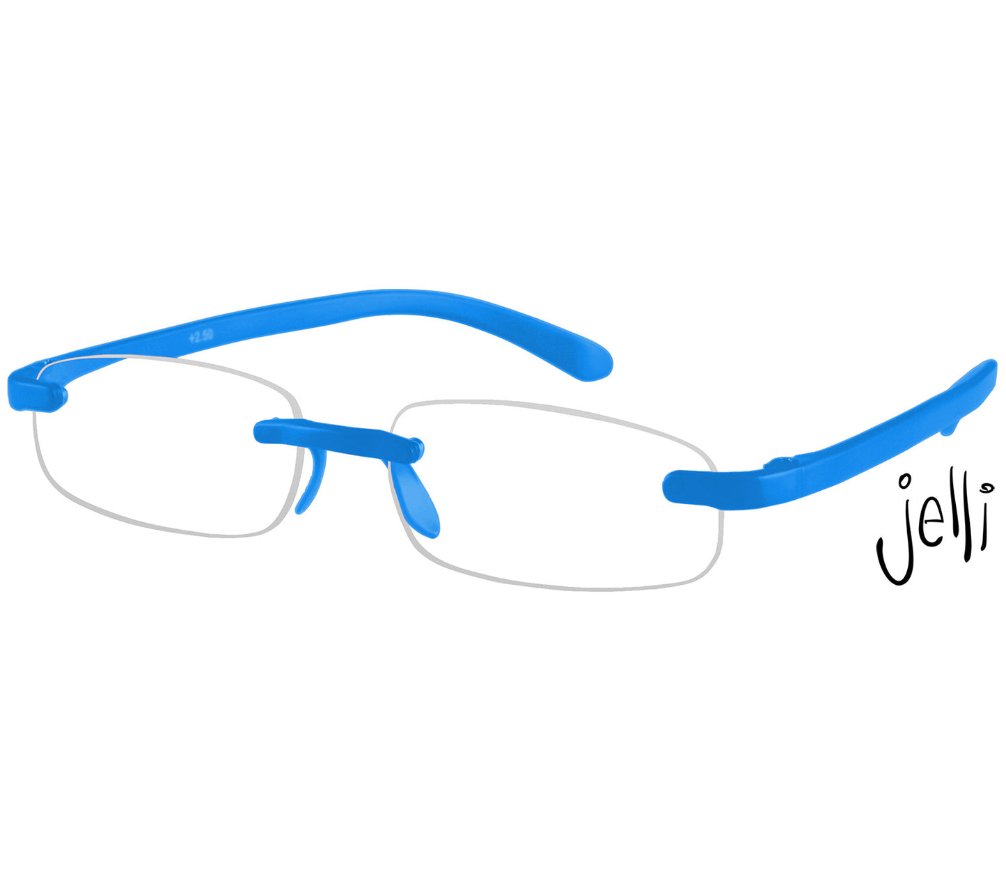 Jelli Neon (Blue) rimless, slim reading glasses with semi-translucent bright blue arms and bridge.