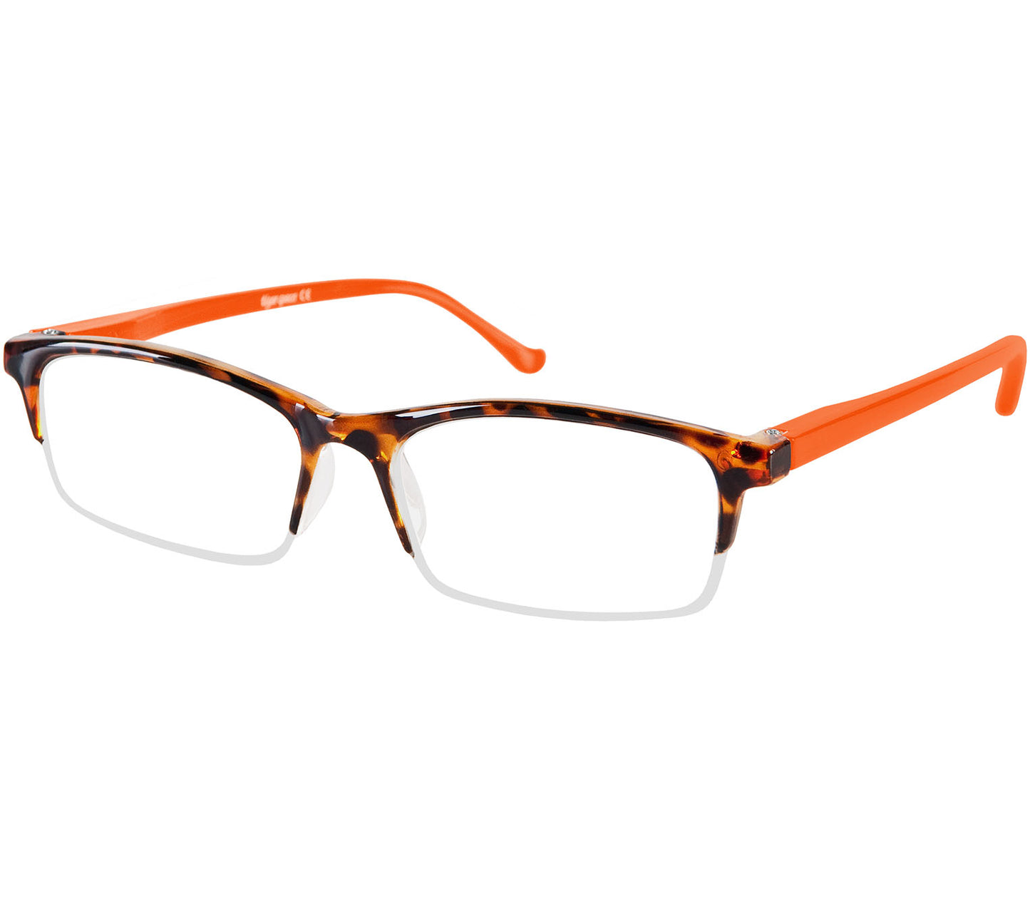 Yoyo (Orange) semi-rimless classic two tone reading glasses. With a tortoiseshell frame and orange temples.