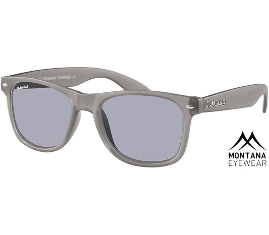 Osaka (Grey) classic wayfarer shape sunglasses with oval, grey tinted lenses and semi-translucent grey frames.