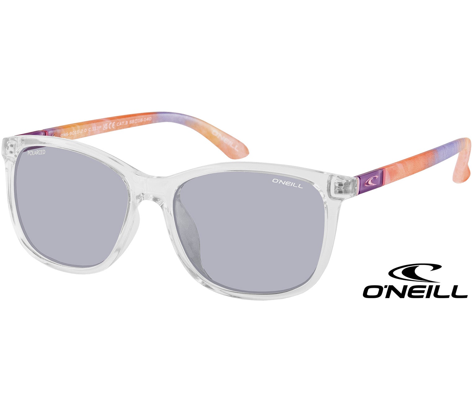 Epic (Clear) wayfarer sunglasses by O'Neill. Clear body, grey tinted lenses and multicoloured striped arms.
