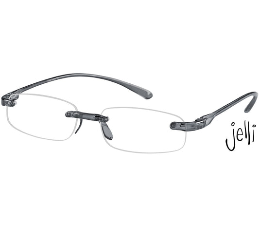 Jelli (Grey) rimless, slim reading glasses with semi translucent arms and bridge.