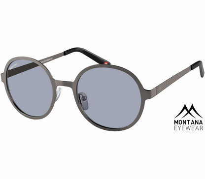 Pulsar (Gunmetal) circular frame gunmetal sunglasses with large smoke grey lenses.