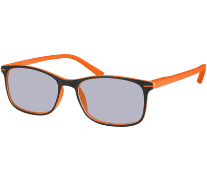Esprit (Orange) sunglasses with two tone orange and black frames and temples. Classic shaped lenses with a smoke grey tint.