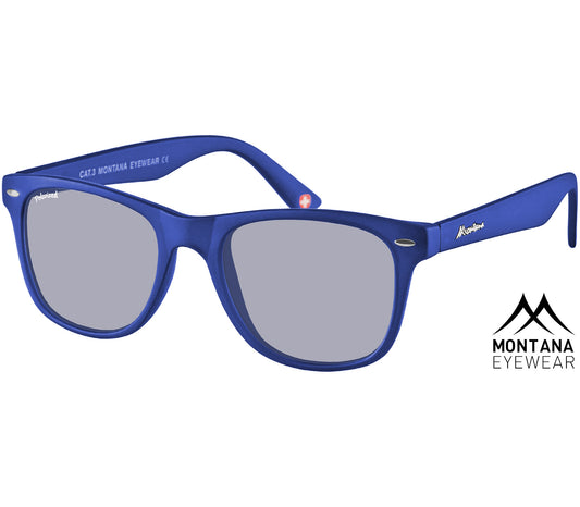 Oasis (Blue) classic blue wayfarer sunglasses with large, smoke grey tinted lenses.