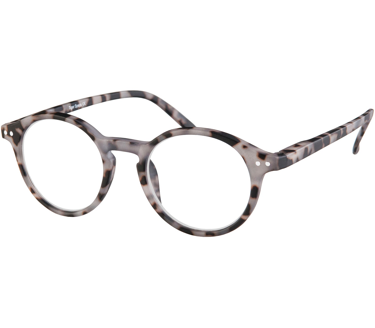 Oskar (Grey Tortoise) unisex reading glasses with large round lenses and grey tortoiseshell frames.