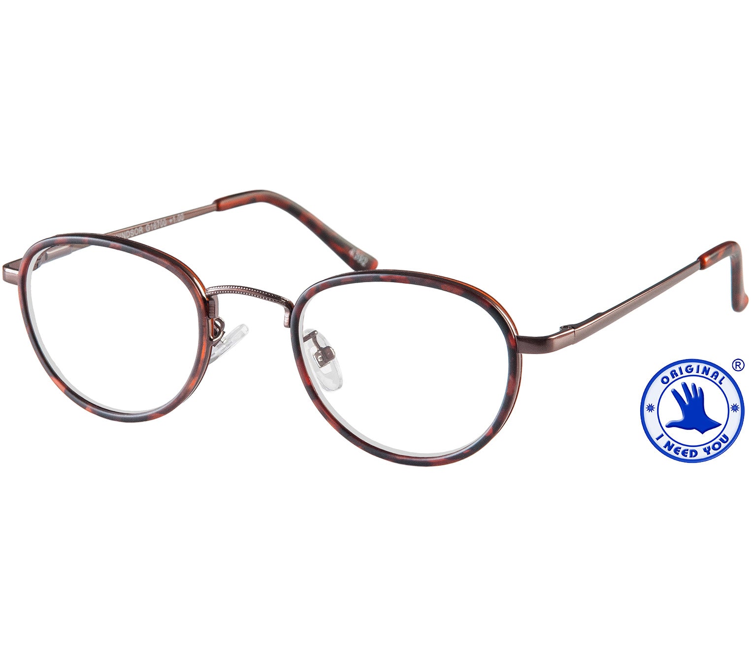 Windsor (Tortoiseshell) retro style unisex reading glasses with a round tortoiseshell and metal frame and bridge.