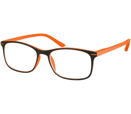 Jazz (Orange) classic shape reading glasses with rectangular lenses in a two tone orange and black frame.