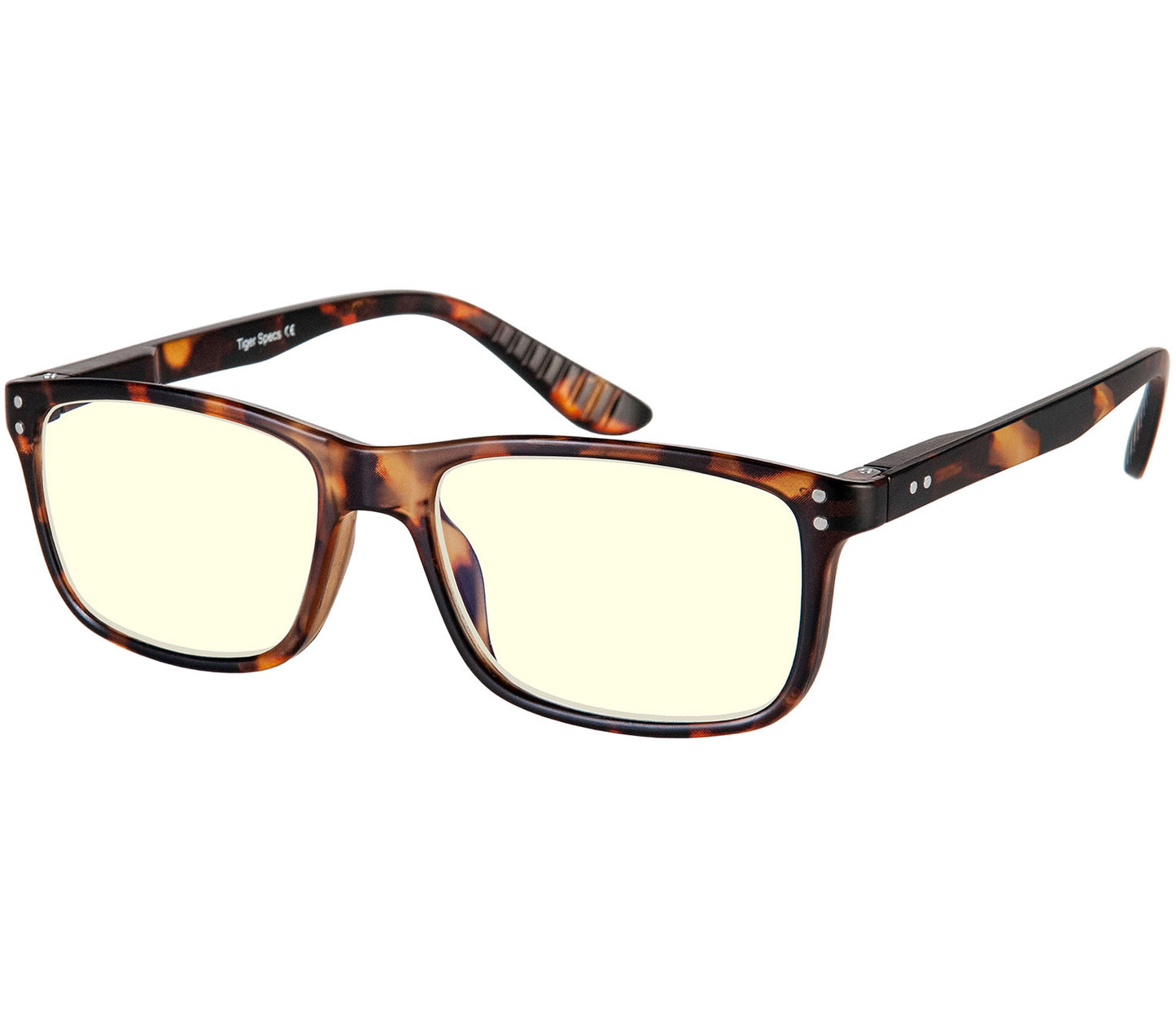 Austin (Tortoiseshell) classic shaped, unisex blue light glasses. Deep tortoiseshell frames with matt finish and rivet details.