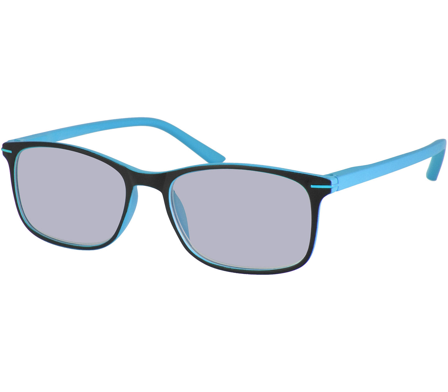 Esprit (Blue) sunglasses with two tone blue and black frames and temples. Classic shaped lenses with a smoke grey tint.