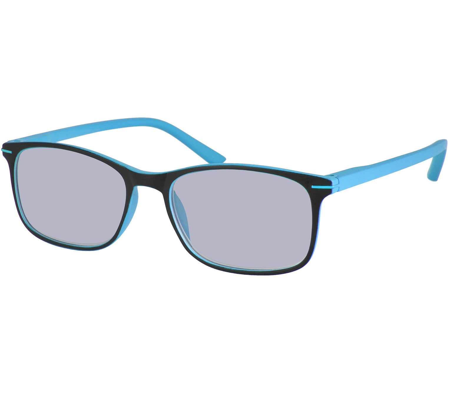Esprit (Blue) sunglasses with two tone blue and black frames and temples. Classic shaped lenses with a smoke grey tint.