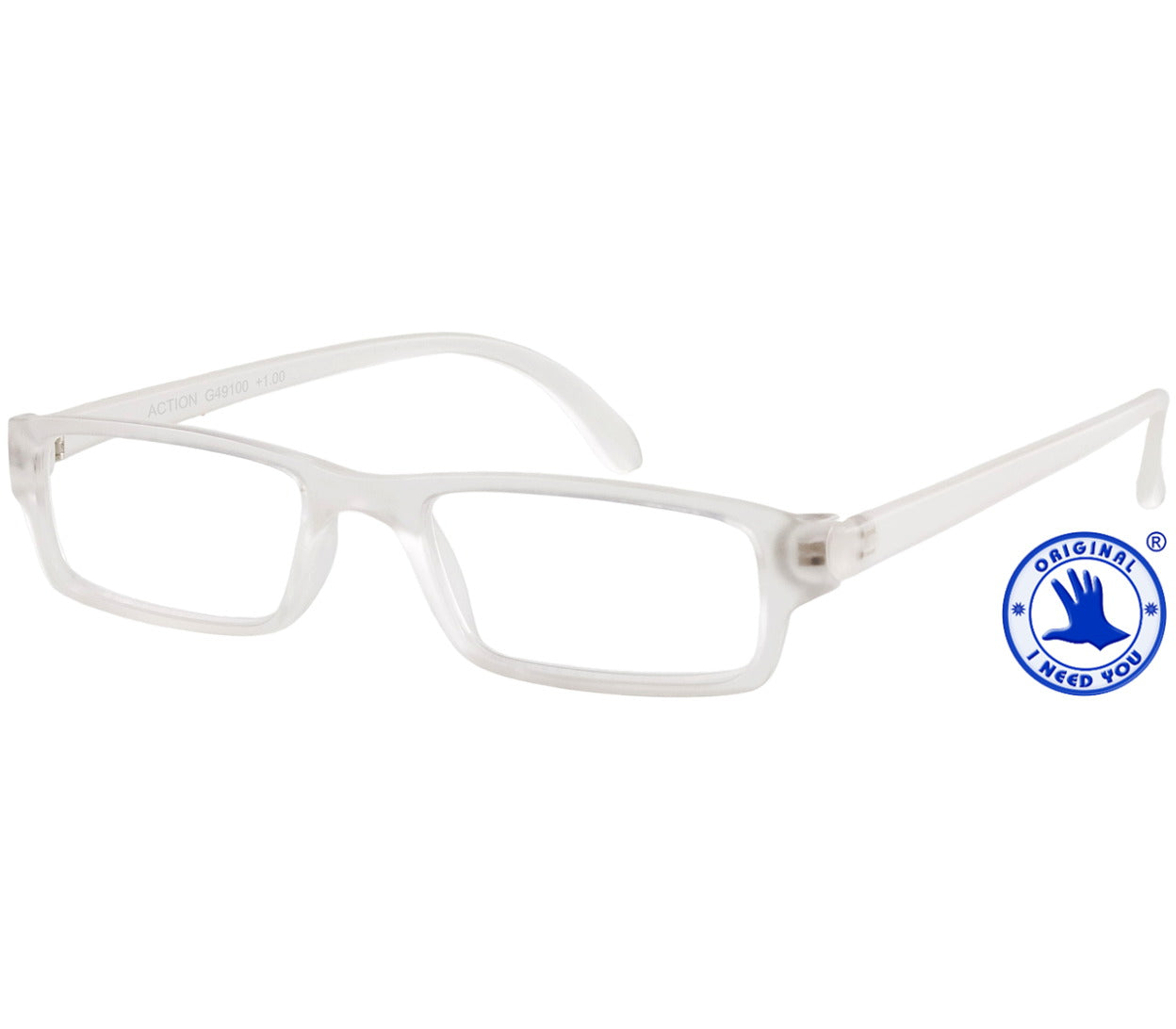 Action (Clear) unisex reading glasses. Classic shaped glasses with a smooth matt finish.