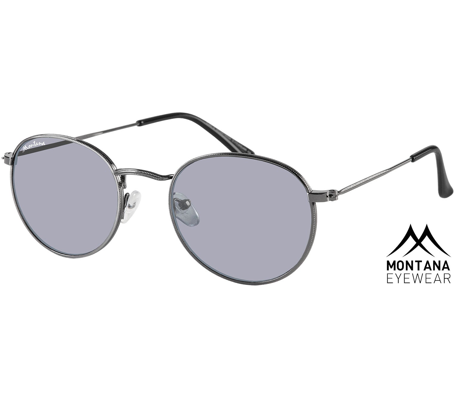 Antigua (Gunmetal) retro style sunglasses. Silver metal frames and slender arms.