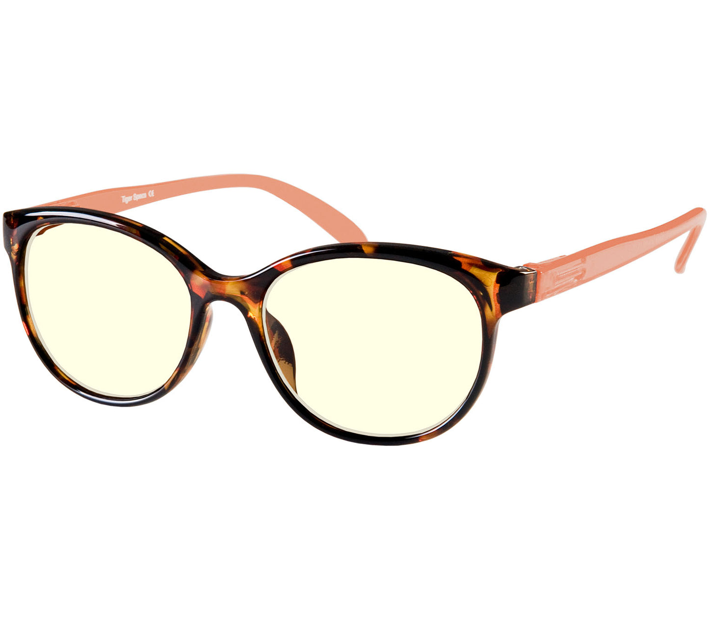 Lala Digital (Orange) cat eye shaped, women's reading glasses with a two tone tortoiseshell and orange frame and blue light lenses.